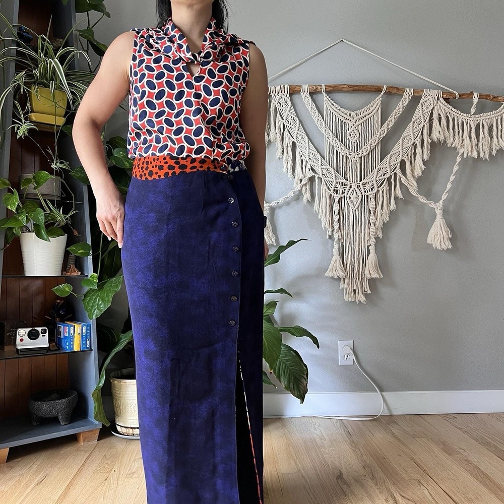 Vintage 90s Platinum Dorothy Schoelen Blue Rayon Wrap Skirt Size 12 Macimalist
